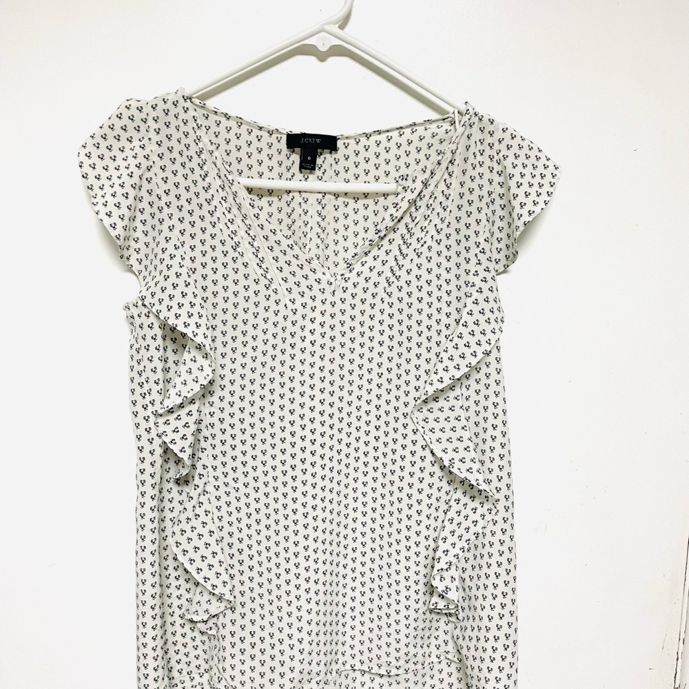 J Crew White Black Patterned Ruffle V-Neck Pintuck Cap Sleeve Blouse Top Szโ 0